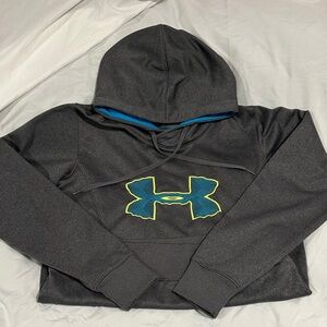Under Armour Storm Semi Fitted Charcoal Gray Hoodie with Blue and Yellow logo.